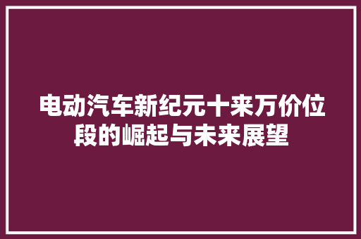 电动汽车新纪元十来万价位段的崛起与未来展望