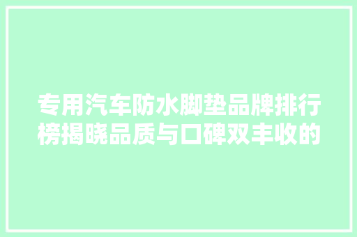 专用汽车防水脚垫品牌排行榜揭晓品质与口碑双丰收的五大品牌